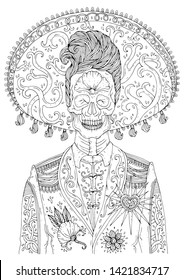  Vector hand drawn man with sugar skull calavera makeup with patterned sombrero on his head. Mexican holiday Day of the Dead. Halloween. Graphic design, print on t-shirt Coloring page for adults A4 