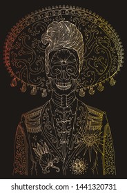 Vector hand drawn man with sugar skull calavera makeup with patterned sombrero on his head. Mexican holiday Day of the Dead. Halloween. Design print on t-shirt Colored gradient lines on brown back