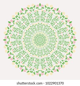 Vector hand drawn Mandala art. Abstract pattern with roses. Decorative Asian, Islam, Indian, Arabic, Turkish, Aztec elements. Coloring page template for background, invitation, birthday, wedding cards