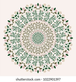 Vector hand drawn Mandala art. Abstract pattern with roses. Decorative Asian, Islam, Indian, Arabic, Turkish, Aztec elements. Coloring page template for background, invitation, birthday, wedding cards