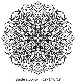 Página del libro de coloreado de mandala dibujada a mano por vectores. La decoración es de estilo étnico oriental. Patrón oriental, elementos decorativos de época. Tejer elementos de diseño. Vector de logos de yoga.