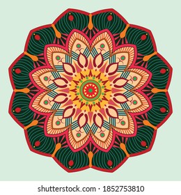 Vector hand drawn mandala. Ethnic mandala with colorful ornament. Isolated on light green background.