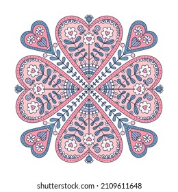 Vector hand drawn mandala with hearts. Illustration in doodle style. Isolated on white background. Sweet mandala for Valentine's day.