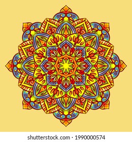 Ilustración de mandala dibujada a mano por vectores. Colorido adorno detallado de mandala.