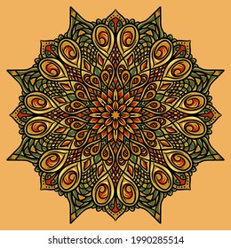 Ilustración de mandala dibujada a mano por vectores. Colorido adorno detallado de mandala.