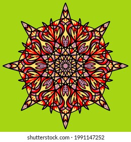 Ilustración de mandala dibujada a mano por vectores. Colorido adorno detallado de mandala.