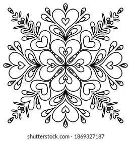 Vector hand drawn mandala isolated on white background. Mandala coloring page. Valentine's day greeting card. Outline mandala of hearts.