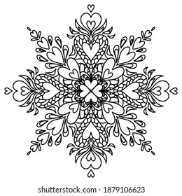 Vector hand drawn mandala isolated on white background. Mandala coloring page. Valentine's day greeting card. Outline mandala of hearts.