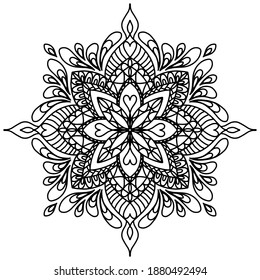 Vector hand drawn mandala isolated on white background. Mandala coloring page. Valentine's day greeting card. Outline mandala of hearts.