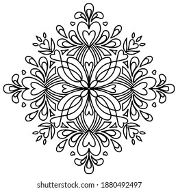 Mandala dibujada a mano por vectores aislada sobre fondo blanco. Página de coloreado de Mandala. Tarjeta de bienvenida de San Valentín. Contorno de mandala de corazones.