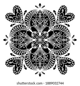Vector hand drawn mandala isolated on white background. Valentine's day greeting card. Silhouette mandala of hearts.