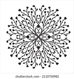 Vector hand drawn mandala isolated on white background. Mandala coloring page. Valentine's day greeting card. Outline mandala of hearts.