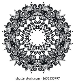 Vector Hand Drawn Mandala Ornament for Coloring Book and Antistress Drawing Sheets. Beautiful Indian Henna or Tattoo Circle Illustration.