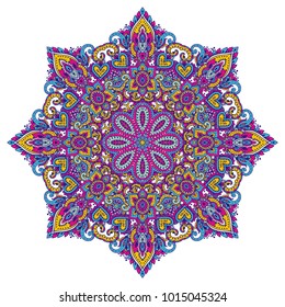 Vector hand drawn mandala pattern of henna floral elements based on traditional Asian ornaments. Paisley Mehndi Tattoo Doodle illustration in bright colors