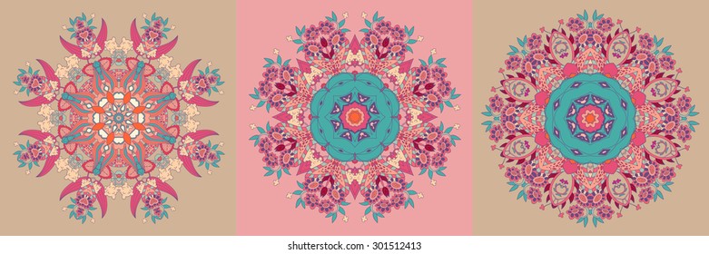 vector hand drawn mandalas cards. Drawing of set of three ethnic mandalas