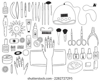 Vector hand drawn manicure set on table top view. Different kinds of manicure tools and himan hands on table isolated.