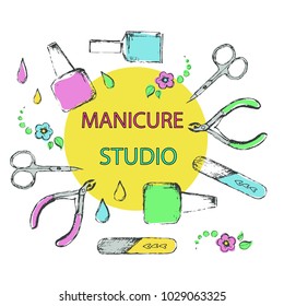 Vector hand drawn manicure studio or salon banner. Manicure tools in sketching style.
