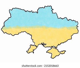 Vector hand drawn map of Ukraine with national yellow-blue flag