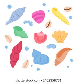 conjunto de elementos de la caricatura de la concha de la colección de personajes de la vida marina dibujados a mano vectorial