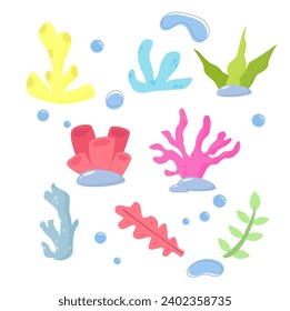 vector hand drawn marine life character collection shell grass cartoon element set