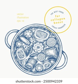 Ilustración de caldo de hueso de médula dibujado a mano de Vector. Ilustración de alimentos de dieta de colágeno. Olla de sopa estilo Antiguas. 