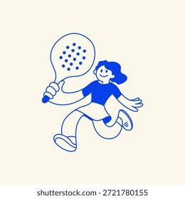 Ilustração de mascote desenhado à mão vetor, impressão de esporte de tênis padel e cartaz, adesivo com personagem peculiar engraçado, menina segurando raquete jogando padel para marca de clube de esportes, conteúdo de fitness e design de estilo de vida