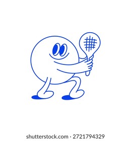 Ilustración de mascota dibujada a mano de Vector, impresión y cartel deportivo de pádel, etiqueta engomada con personaje peculiar divertido, niño que sostiene la raqueta que juega pádel para la marca del club deportivo, contenido de fitness y diseño de estilo de vida
