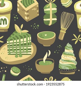 Vector hand drawn matcha illustration on contrast seamless background. Cake, macaroons, spoon, bamboo whisk, heart, matcha tea