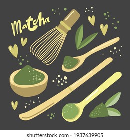 Vector hand drawn matcha illustration on contrast background. Cake, macaroons, spoon, bamboo whisk, heart, matcha tea