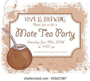 vector hand drawn mate tea party invitation card, vintage frame, glass and leaves.