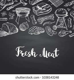 Vector hand drawn meat elements background illustration with lettering. Banner meat menu for restaurant