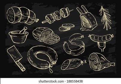 Vector Hand Drawn Meat Elements Set On Black