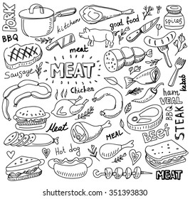 vector hand drawn meat elements set on white