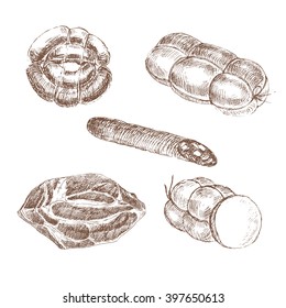 vector hand drawn meat. food illustration - steak, pepperoni, salami, ribs, ham hand drawing