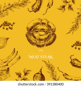 vector hand drawn meat restaurant menu designer template. sketch drawing grill meat menu