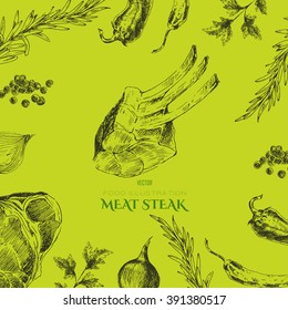 vector hand drawn meat restaurant menu designer template. sketch drawing grill meat menu