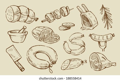vector hand drawn meat and sausage elements set