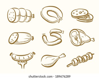 vector hand drawn meat and sausage elements set