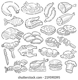 vector hand drawn meat and sausage elements set