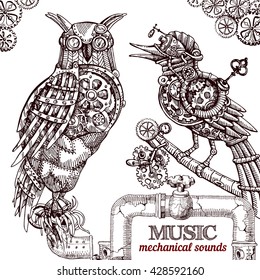  Vector hand drawn mechanical owl. Mechanical sketch animal. Steampunk style owl.