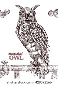  Vector hand drawn mechanical owl. Mechanical sketch animal. Steampunk style owl.