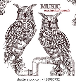  Vector hand drawn mechanical owl. Mechanical sketch animal. Steampunk style owl.