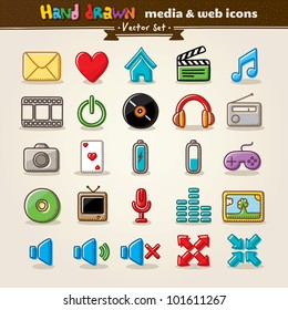 Vector Hand Drawn Media And Entertainment Web Icons