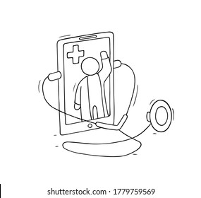 Vector hand drawn medical concept - online doctor on screen mobile phone. Cartoon illustration doctor web consultation with stethoscope.