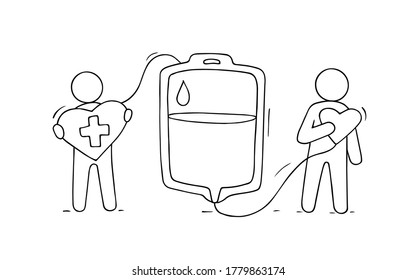 Vector hand drawn medical concept - people make blood transfusion. Cartoon illustration with donor, patient, heart symbol.