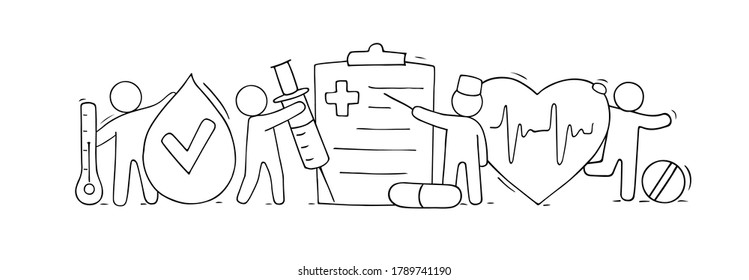 Concepto médico hecho a mano por vectores - personas con objetos médicos. Ilustración de dibujos con donante, paciente, símbolo del corazón.