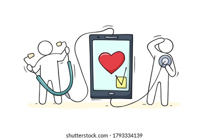 Vector hand drawn medical concept - online doctor on screen mobile phone. Cartoon illustration doctor web consultation with stethoscope.