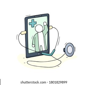 Vector hand drawn medical concept - online doctor on screen mobile phone. Cartoon illustration doctor web consultation with stethoscope.