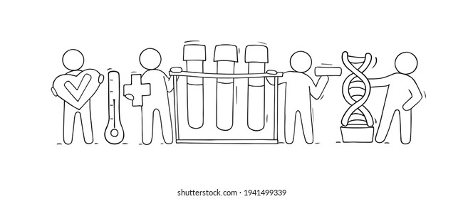 Vector hand drawn medical concept - people with doctor objects. Cartoon illustration with donor, patient, dna and heart symbol.