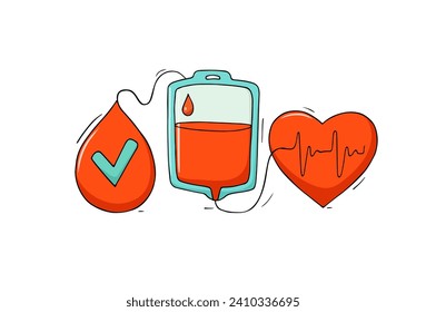 Vector hand drawn medical concept - blood transfusion. Cartoon illustration with donor symbol, heart symbol.
